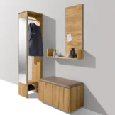 cubus wardrobe consisting of hall cupboard with mirror, wooden magnetic wall with console and shoe chest with leather seat upholstery in solid beech heartwood