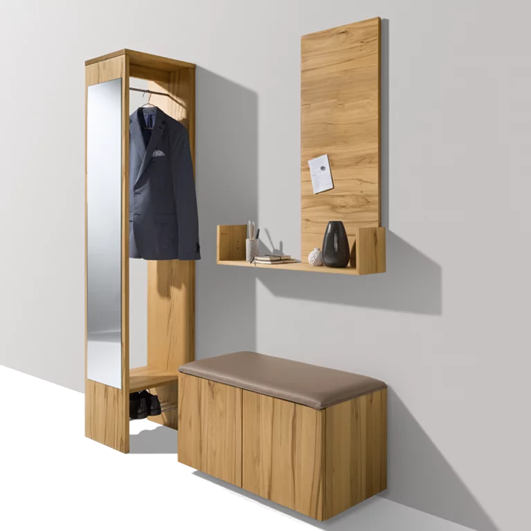 cubus wardrobe consisting of hall cupboard with mirror, wooden magnetic wall with console and shoe chest with leather seat upholstery in solid beech heartwood