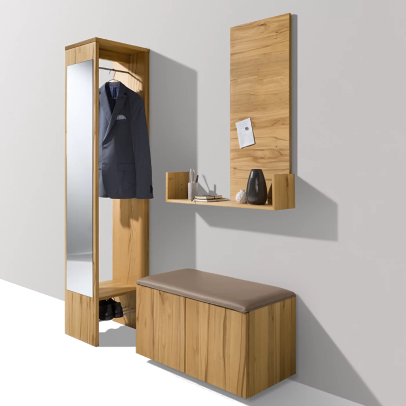cubus wardrobe consisting of hall cupboard with mirror, wooden magnetic wall with console and shoe chest with leather seat upholstery in solid beech heartwood