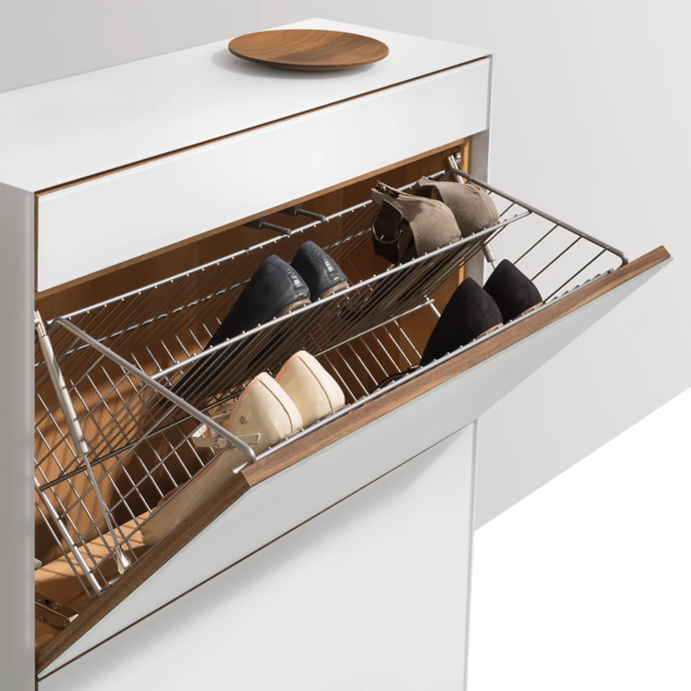 cubus pure shoe flap chest of drawers in walnut with coloured glass surround