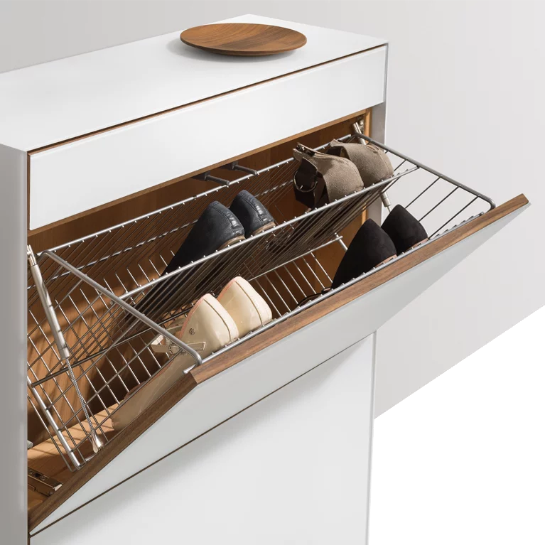 cubus pure shoe flap chest of drawers in walnut with coloured glass surround