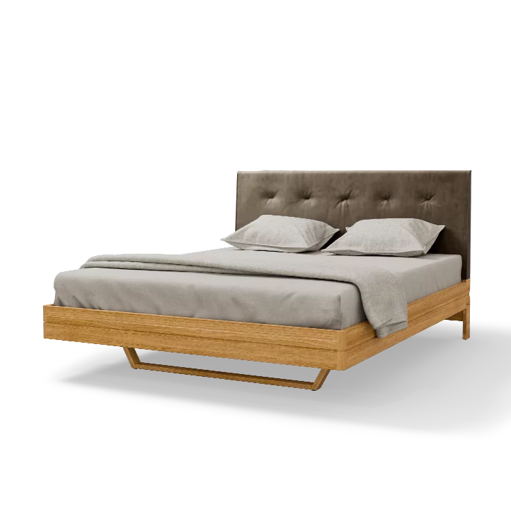 float solid wood bed in oak with headboard in leather