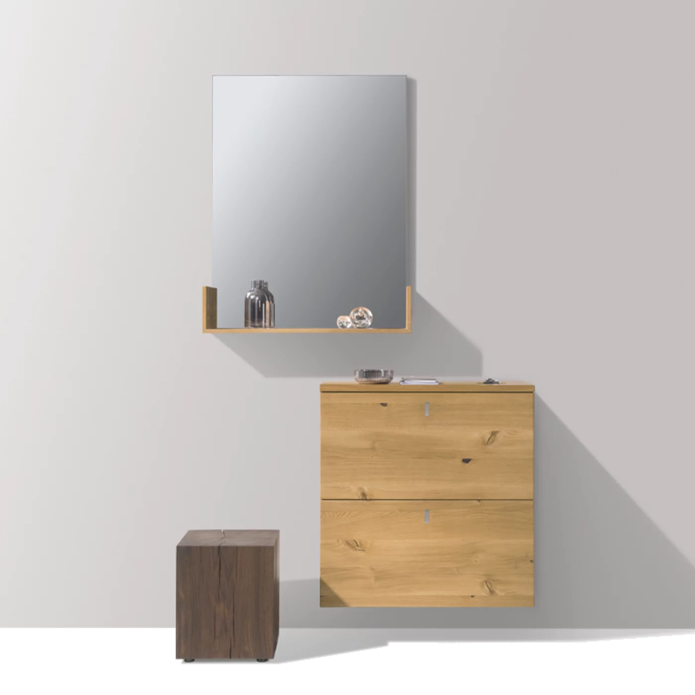 detailed view of a cubus wardrobe panel with metal folding hooks in oak white oil