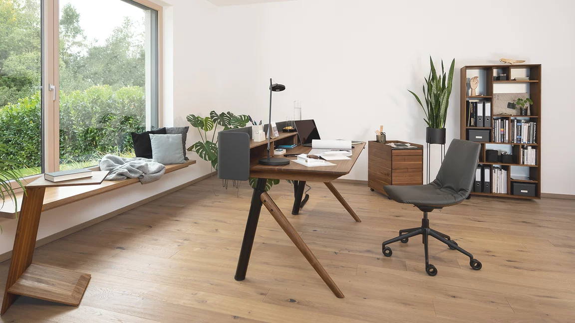 home office consisting of lui office swivel chair with pisa desk and mobile pedestal with graphic design element and Sidekick side table in solid walnut