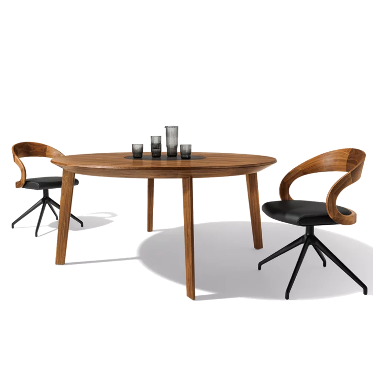 girado dining chairs in walnut leather seat shell with swivel base in matt black and miro table in walnut