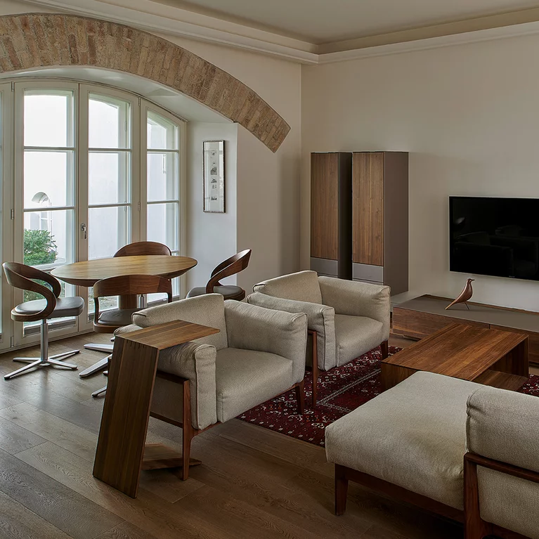 cubus pure wall unit with lux coffee table and sidekick side table in solid walnut