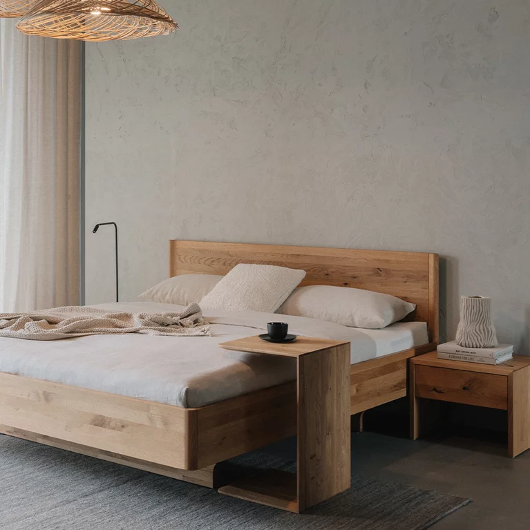 clip side table together with the times solid wood bed and the lunetto bedside cabinet in wild oak