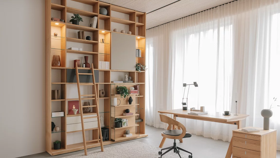 cubus shelf with atelier desk, girado desk chair and cubus container made of solid oak white oil