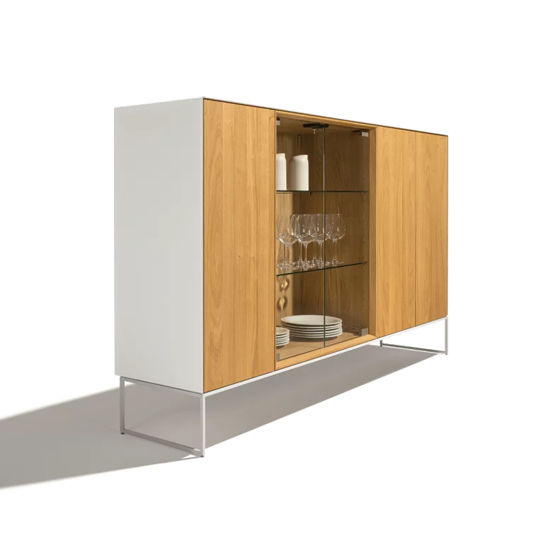 cubus pure highboard in solid oak with all glass doors and coloured glass on a metal frame in matt snow white