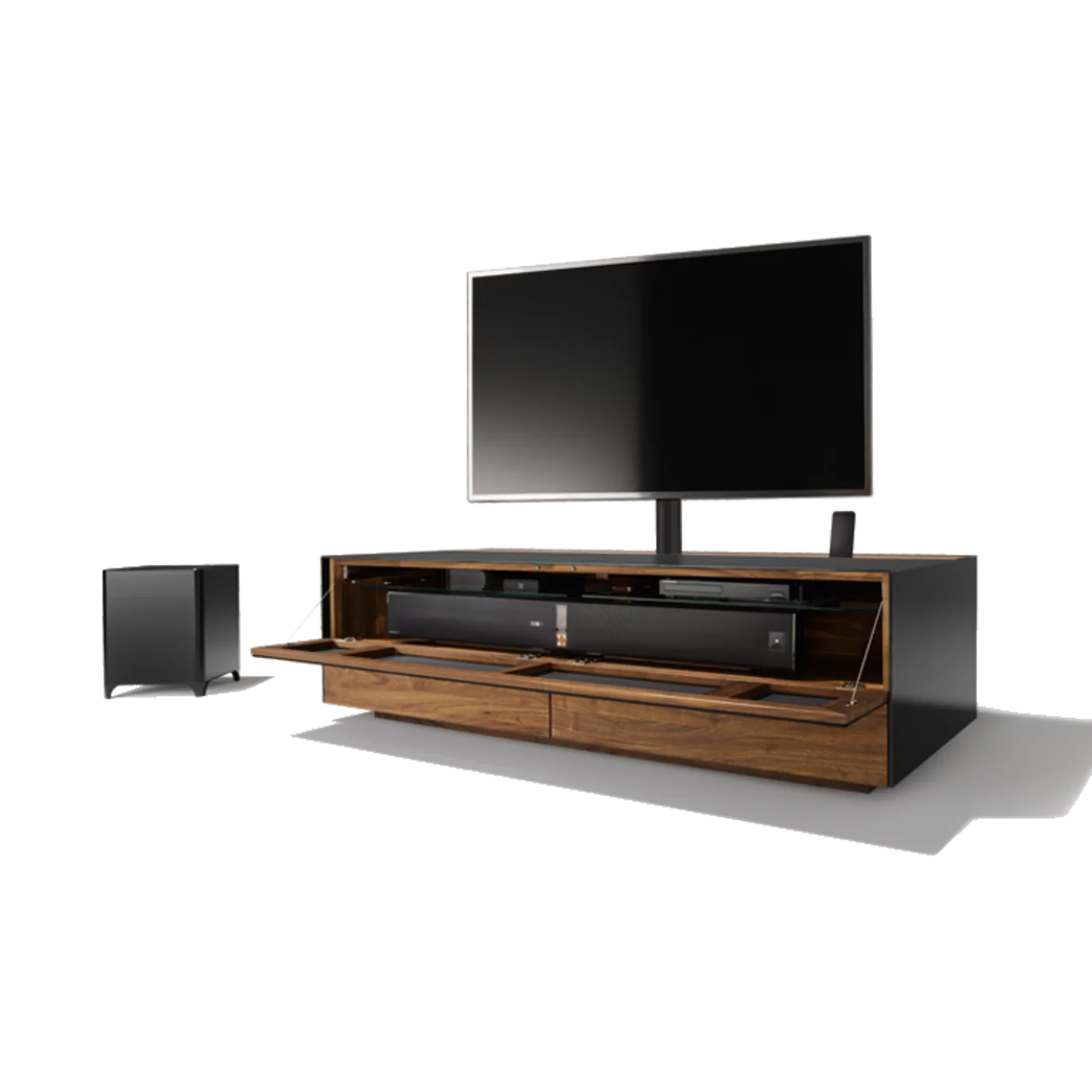 home entertainment TV unit in solid walnut with drawers and flap