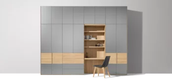 valore hinge door wardrobe with coloured glass fronts and intermediate unit dressing table matching the lui plus chair with wooden frame in oak white oil