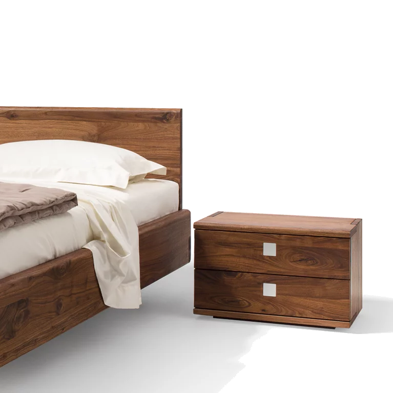 nox bedside table in walnut with the elegant nox solid wood bed