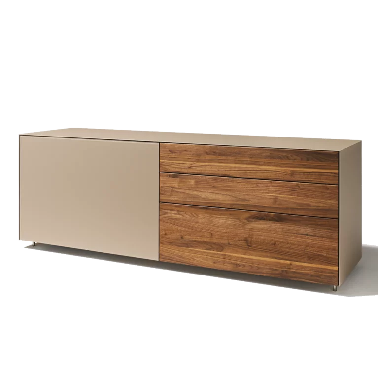 cubus pure sliding door sideboard in solid walnut with coloured glass pebble