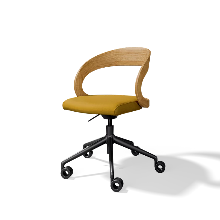 girado office swivel chair with fabric seat cover in solid oak on swivel base with castors
