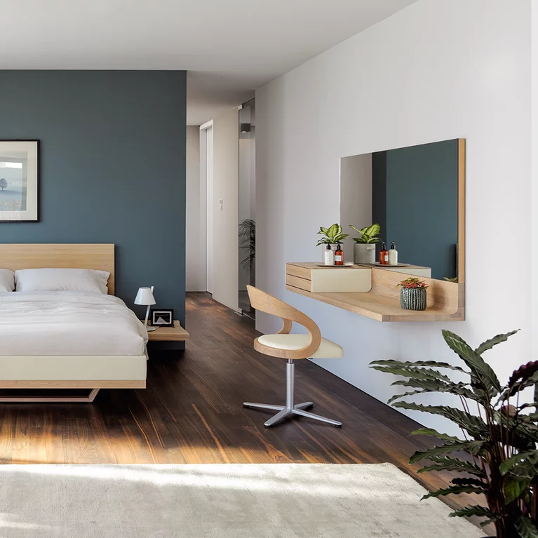 riletto make up console in oak white oil to match the girado swivel chair with base frame and the riletto bed