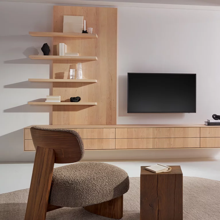 elliot lounge chair with side table smoked oak block and filigno wall unit in alder white oil