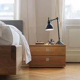 nox bedside cabinet in solid oak with drawer and the comfortable nox bed with leather headboard