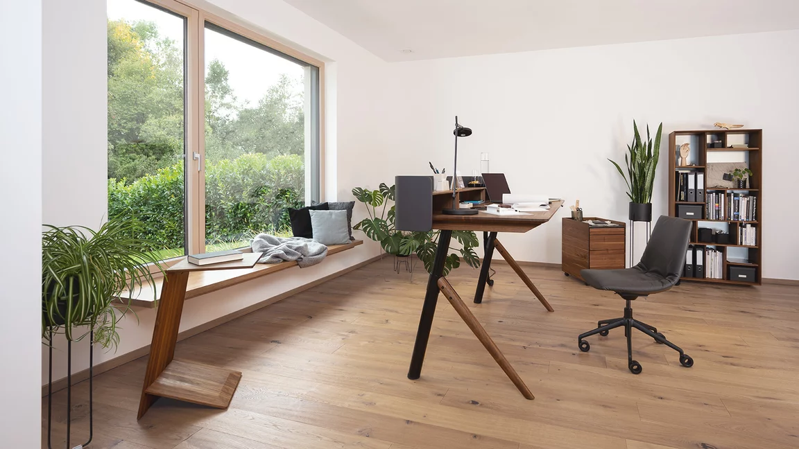 pisa desk in combination with the pisa mobile pedestal and sidekick side table in walnut and the lui office swivel chair in leather