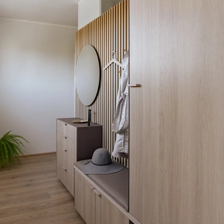 cubus pure wardrobe in white oak oil with colored glass and leather elements