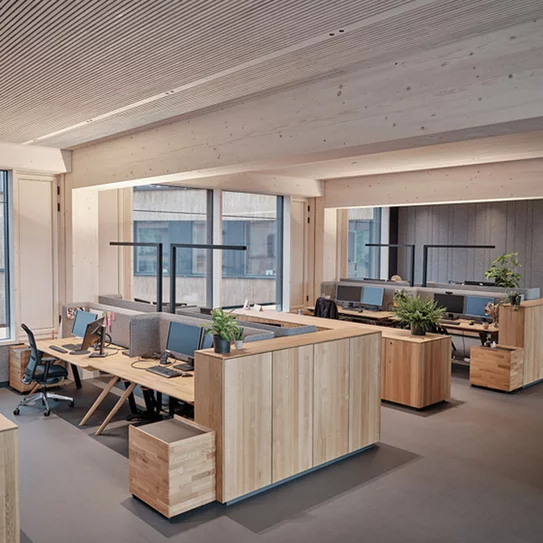 Height-adjustable pisa desks with fabric cover, mobile pedestals and filigno sideboards in solid oak