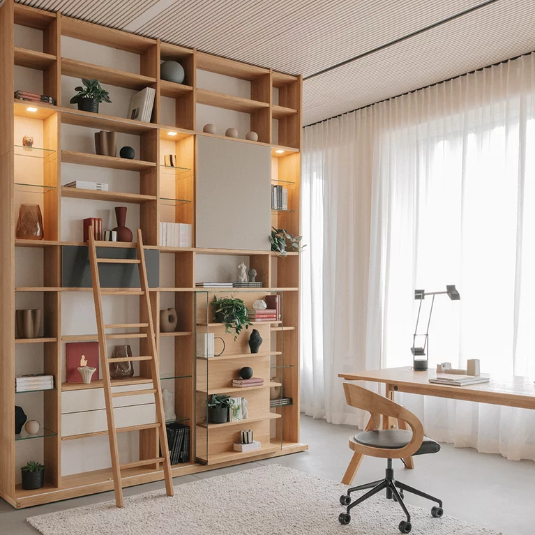 stylish cubus solid wood shelf in oak white oil with different front variants and spotlights