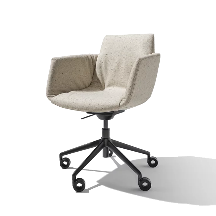 grand lui desk chair in fabric with swivel base in matt black on castors