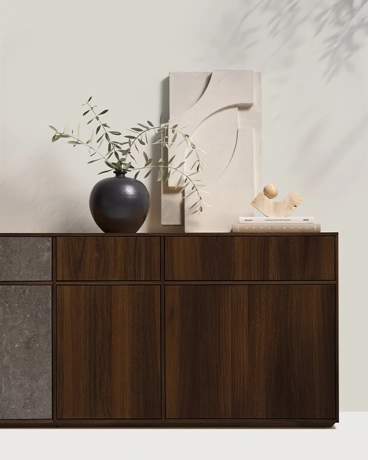 Moderne Sideboardfront aus geräuchertem Eichenholz Moderne Sideboardfront aus massivem Eichenholz geräuchert