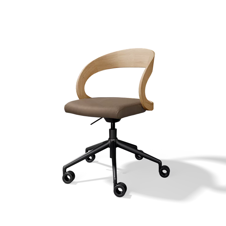 girado office swivel chair in solid oak with leather seat cover on swivel base with castors