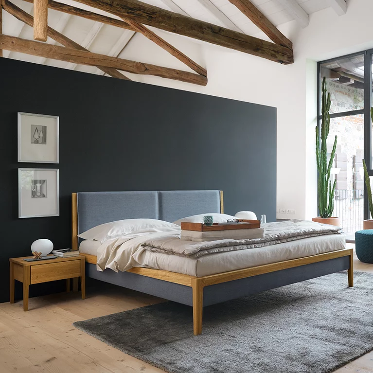 practical mylon bedside cabinet in solid oak with mylon bed, headboard and bed sides in fabric