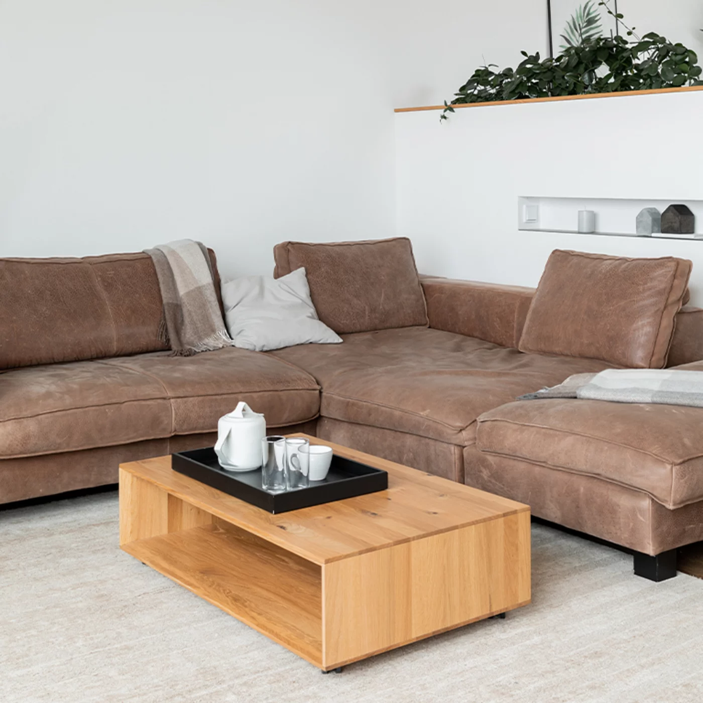 lux square coffee table with storage space in solid wild oak