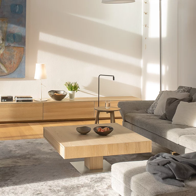 elegant hi! round side table in solid oak white oil with the lift coffee table and lowboard