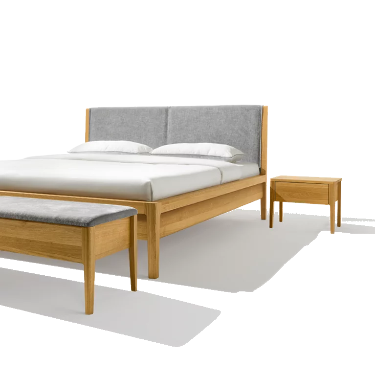 mylon bedside cabinet in oak together with the comfortable mylon bed with upholstered headboard and the mylon bench
