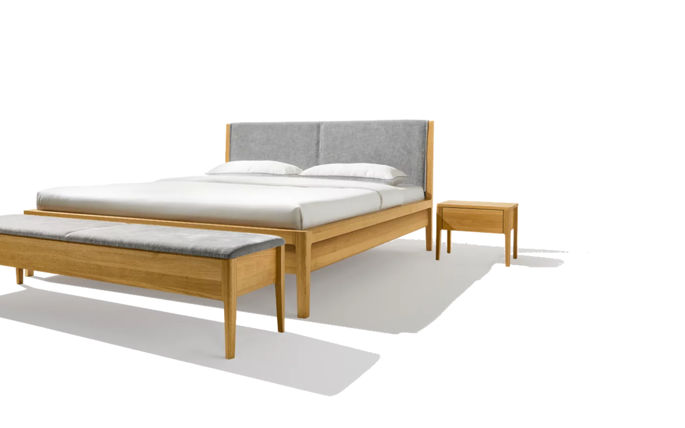 mylon bedside cabinet in oak together with the comfortable mylon bed with upholstered headboard and the mylon bench