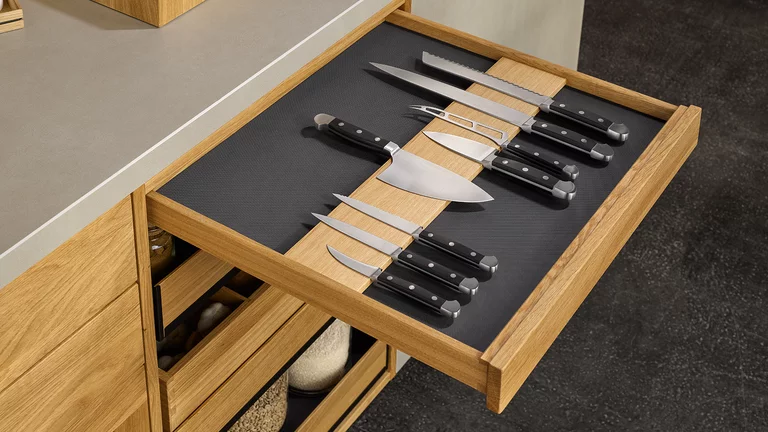 natural wood kitchen echt.zeit in oak knife drawer with drawer divider