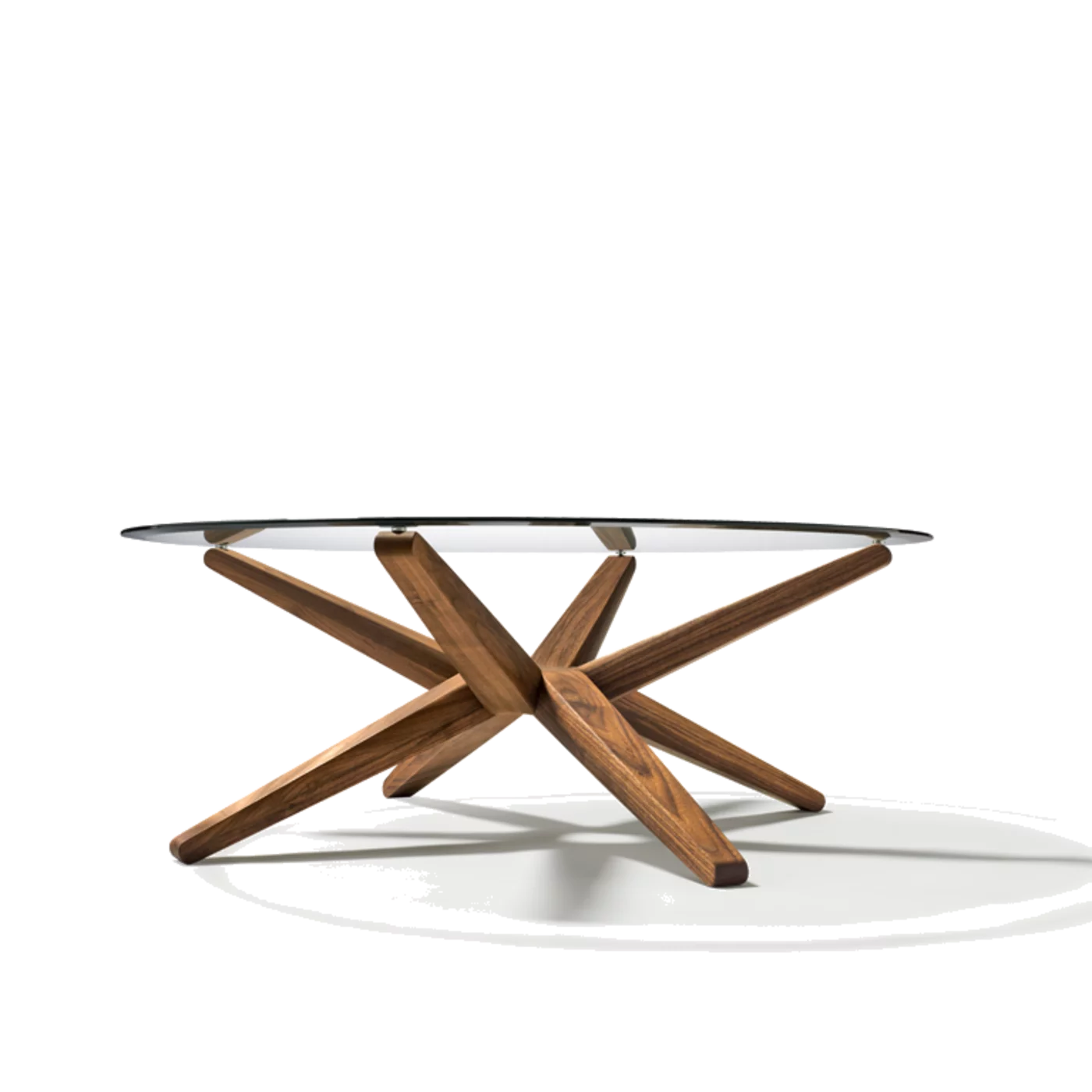 modern coffee table stern made of solid walnut with round glass top