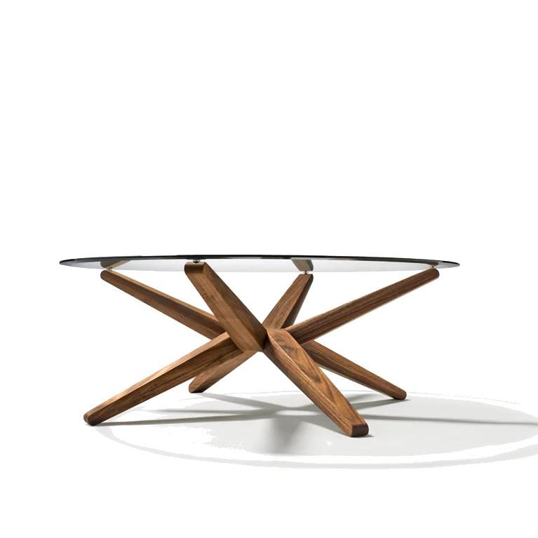 modern coffee table stern made of solid walnut with round glass top