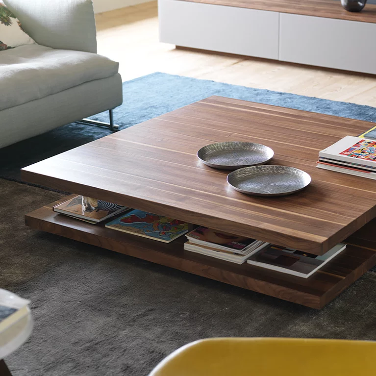 square coffee table c3 with storage space in solid walnut wood