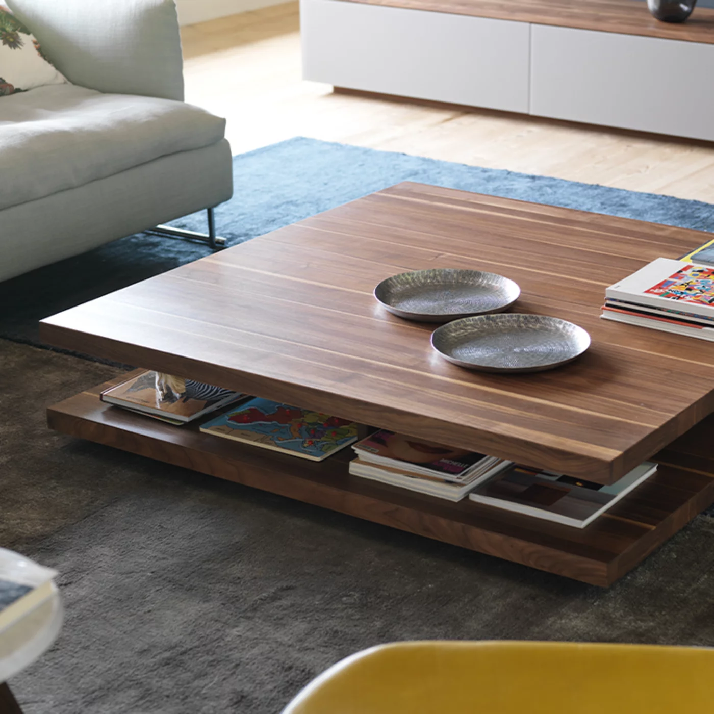 square coffee table c3 with storage space in solid walnut wood
