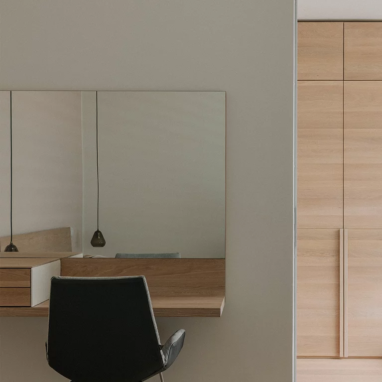 Modern riletto make-up console with lui plus chair and lunetto hinge-door wardrobe in natural oak oil