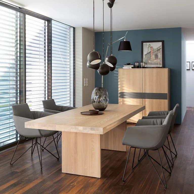 extendable tema solid wood dining table in oak white oil with elegant dining chairs