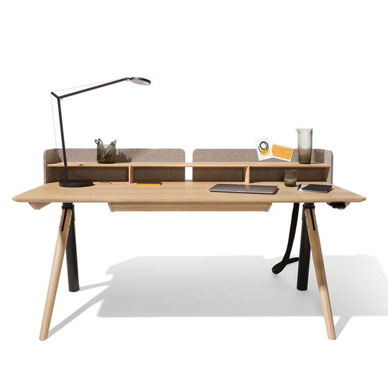 pisa desk with panel, cable conduit and desk drawer in solid oak white oil