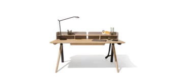 pisa desk with panel, cable conduit and desk drawer in solid oak white oil