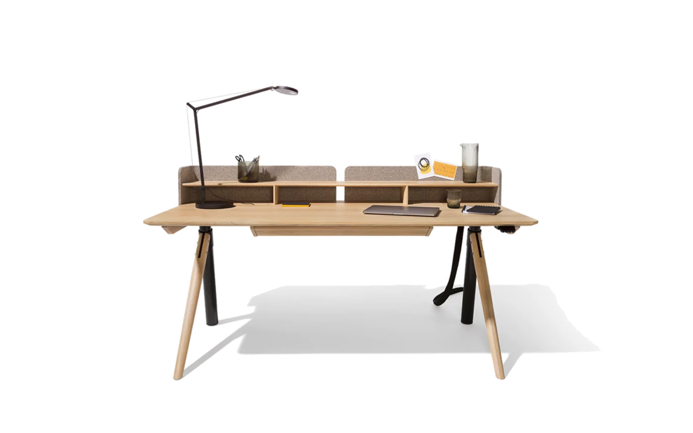 pisa desk with panel, cable conduit and desk drawer in solid oak white oil