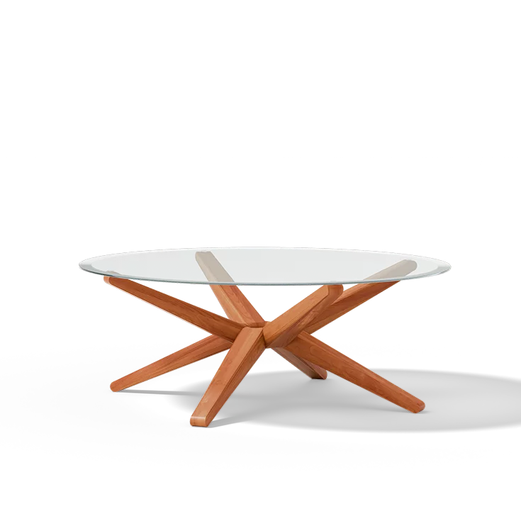 stern coffee table in solid cherry wood with round glass top