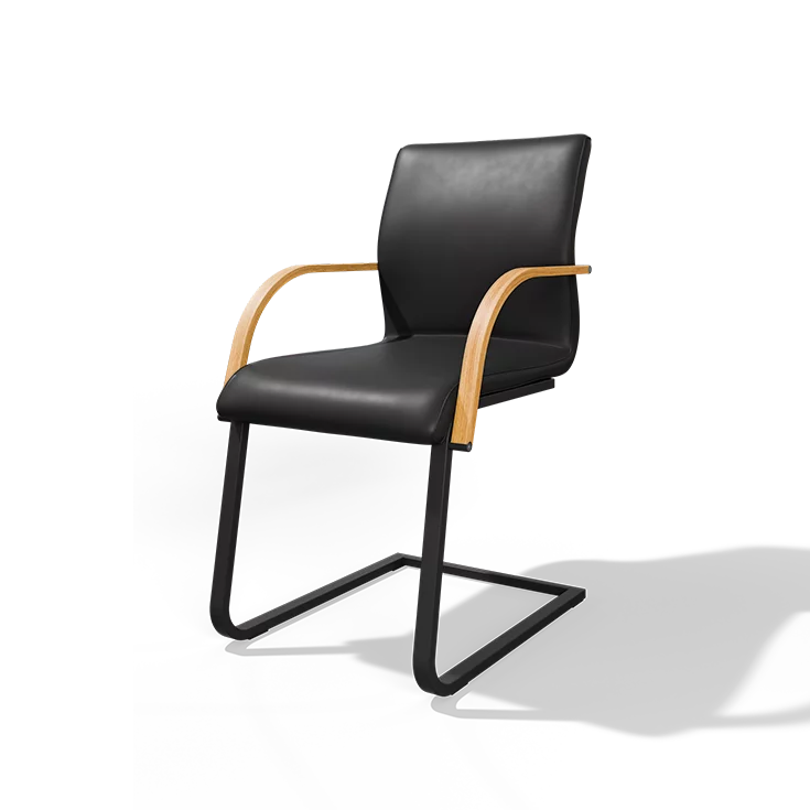 Freischwinger Stuhl magnum in Leder mit Armlehnen in Eiche und Fußgestell schwarz matt