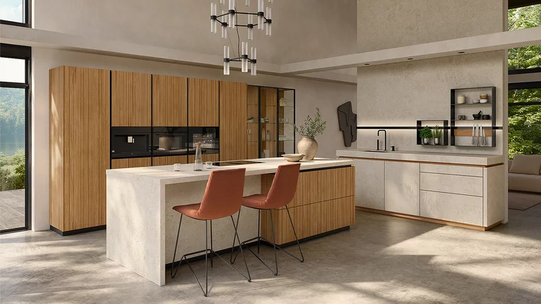 Modern solid wood design kitchen echt.zeit evo in natural oiled oak and MDi masai blanco plus with clear glass display cabinets sign elements and lui bar stools