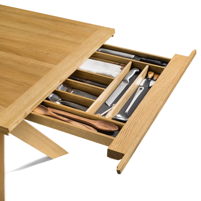 Elegant yps dining table in oak with cutlery drawer, in detail