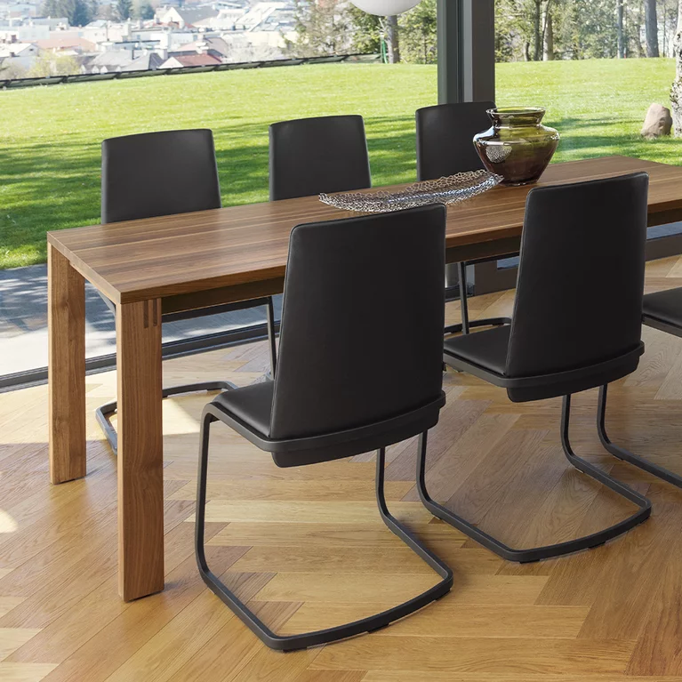 bequemer f1 Freischwinger Stuhl gepolstert mit Gestell in schwarz matt und magnum Esstisch in Nussbaum