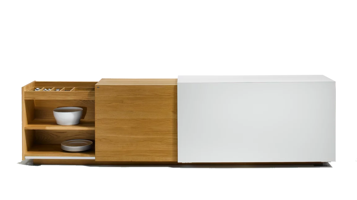 Elegant cubus sideboard in solid oak and white coloured glass with semi-open angled sliding door