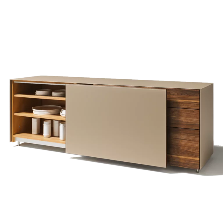 cubus pure sideboard with open sliding door in solid walnut with coloured glass pebble